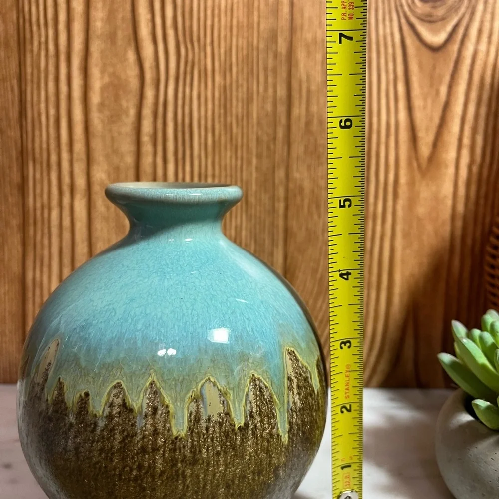 Art Pottery Elegant Turquoise and Brown Drip Crystalline Glaze Vase 5.5”